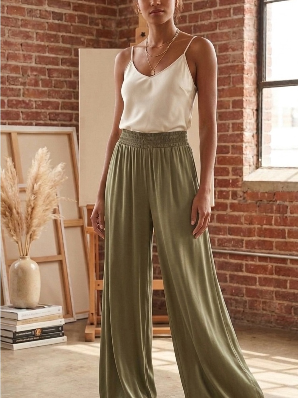 POL Olive Silky Jersey Wide Leg Flowy Pants